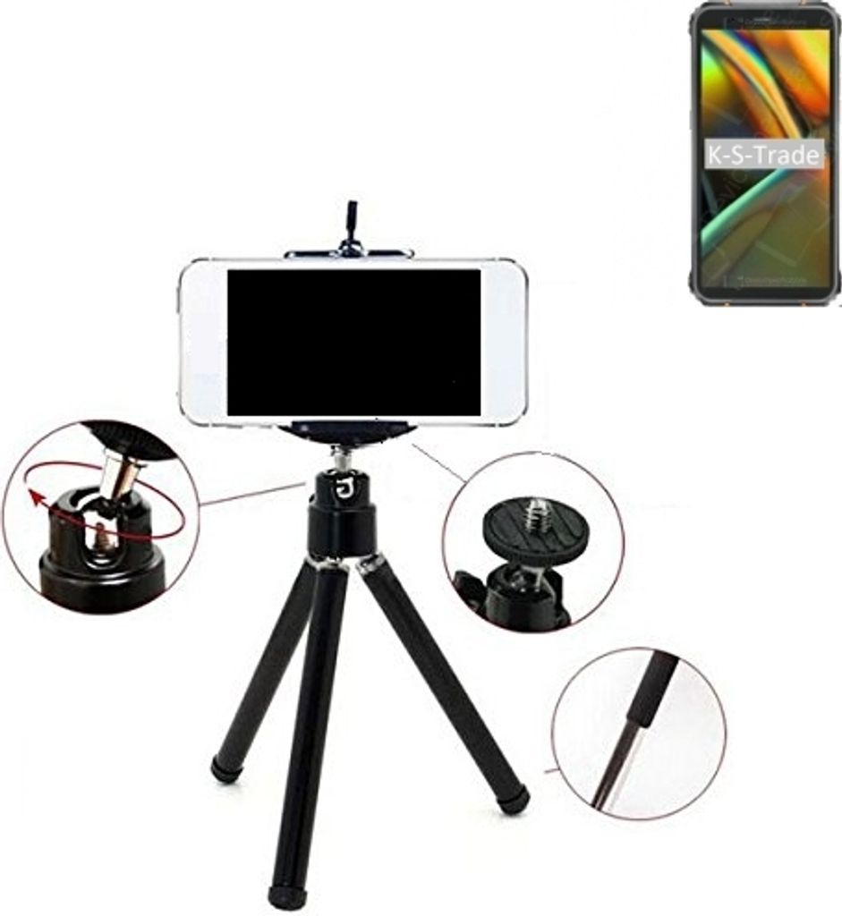 K-S-Trade Smartphone Stativ Dreibein kompatibel mit Blackview BV5100 Tripod aus Aluminium Klemmstativ Stativ Adapter für Mobiltelefone schwarz 1x