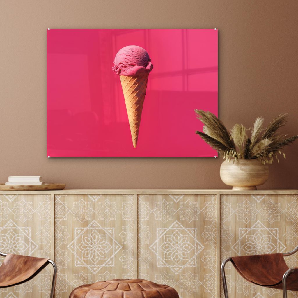 MuchoWow Glasbilder - Bilder auf Wandbild - Foto auf Glas Schaufel Eiscreme - Rosa - Horn 80x60 cm Wanddekoration aus Glas - Acrylglasbild - Acrylb...