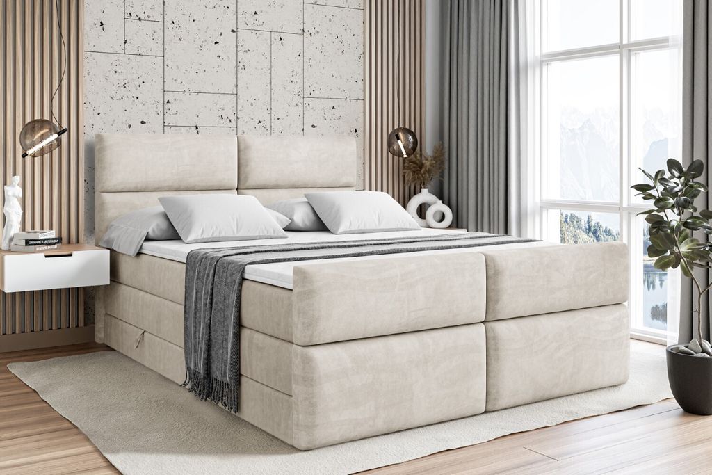 ALTDECOR Boxspringbett mit Fußteil, 2 Matratzen und Topper - 160x200 cm - BOXI3-Z KING - Taupe Samt - Polsterbett mit, H3- und H4- Matratzen, Bett...