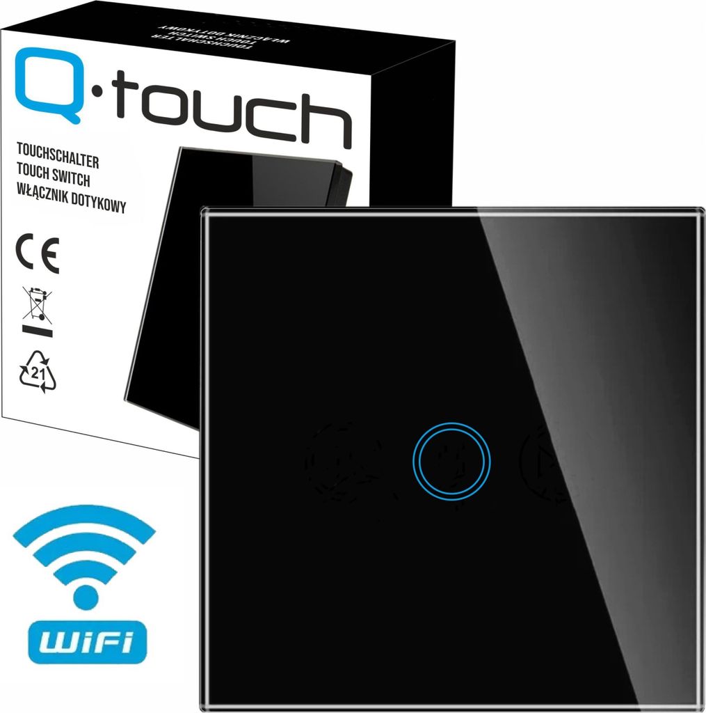 Glas Touch Lichtschalter Wandschalter WIFI 1-Fach Schalter LED schwarz mit WLAN und Fernbedienungsfunktion
