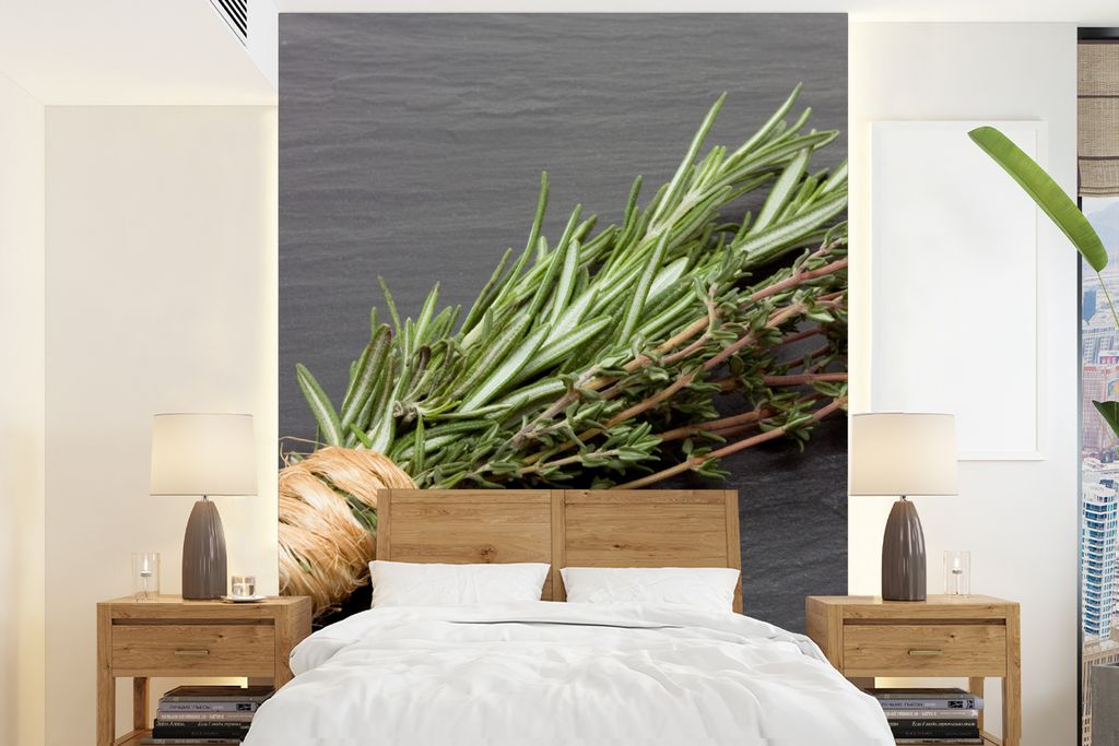 MuchoWow Fototapete für Wohnzimmer oder Schlafzimmer Wandtapete Vinyl Motivtapete Thymian - Kräuter - Grün - Tisch - Küche - Stein - 175x240 ...