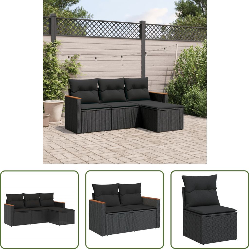 The Living Store 4-tlg. Garten-Sofagarnitur mit Kissen Schwarz Poly Rattan
