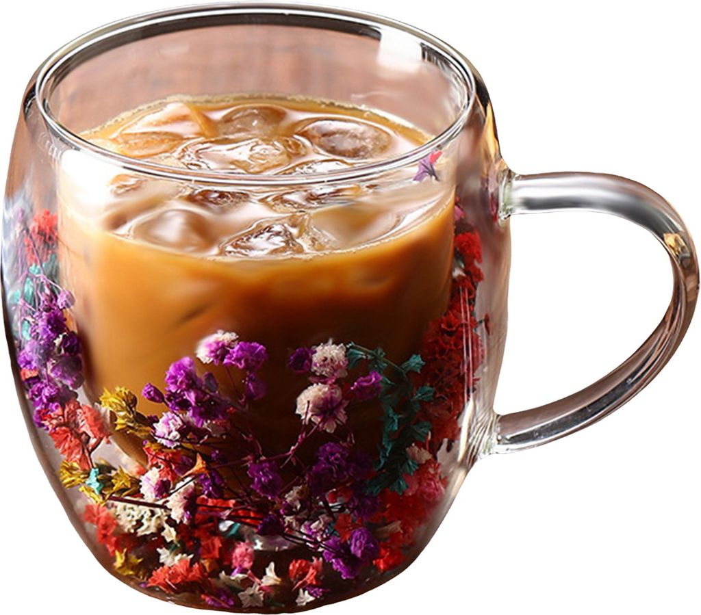 Doppelwandiger Glasbecher mit Blumenmuster, 250 ml/350 ml, transparenter, ästhetischer Trinkbecher mit isoliertem Griff, echte Blumendekoration, d...