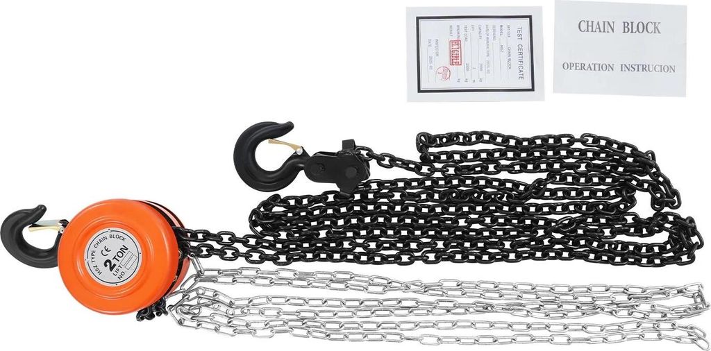 Hand-Kettenzug - Kettenflaschenzug - 2 t Tragfähigkeit - 2,9 m Hubhöhe - 3 m Kette - 2‐strängig - 6 mm Kette - 360° Drehhaken - Orange
