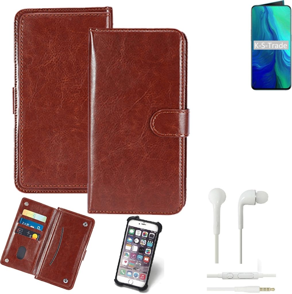 K-S-Trade 360° Hülle kompatibel mit Oppo Reno inkl. Headphones braun Kunstleder Case BookCase WalletCase Kunstlederederhülle Handyhülle,