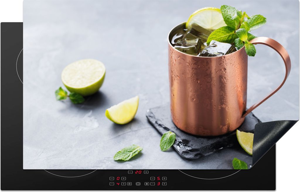 KitchenYeah Herdabdeckplatte Becher - Zitrone , 85x52cm, Küche Deko, Glaskeramikfeld Herdabdeckung, Abdeckplatte fùr Kochfeld