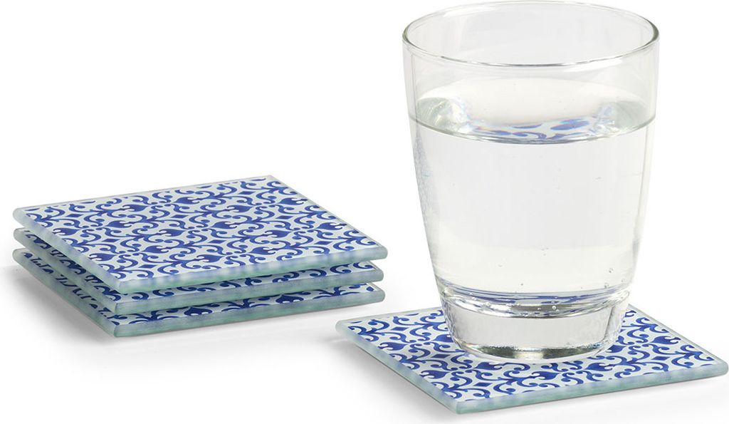 ZELLER 26329 Glasuntersetzer-Set MAROKKO 4-tlg, Glas, blau/ weiß, 10 x 10 cm