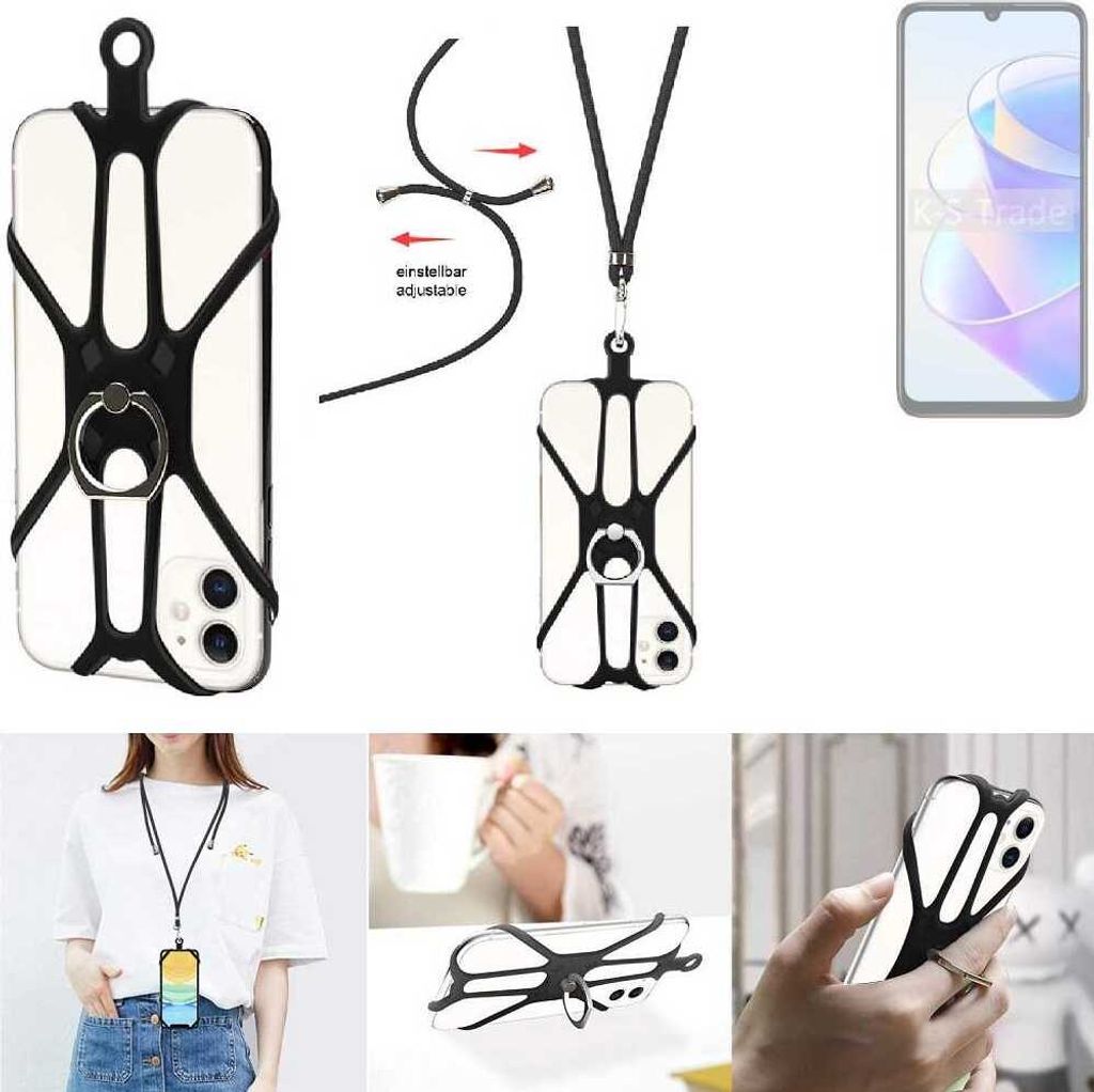 K-S-Trade 3in1 Handykette Handyband Handykordel Halsband Smartphone-Ring Handy-Ring kompatibel mit Honor X7a Plus Fingerhalterung Handyring