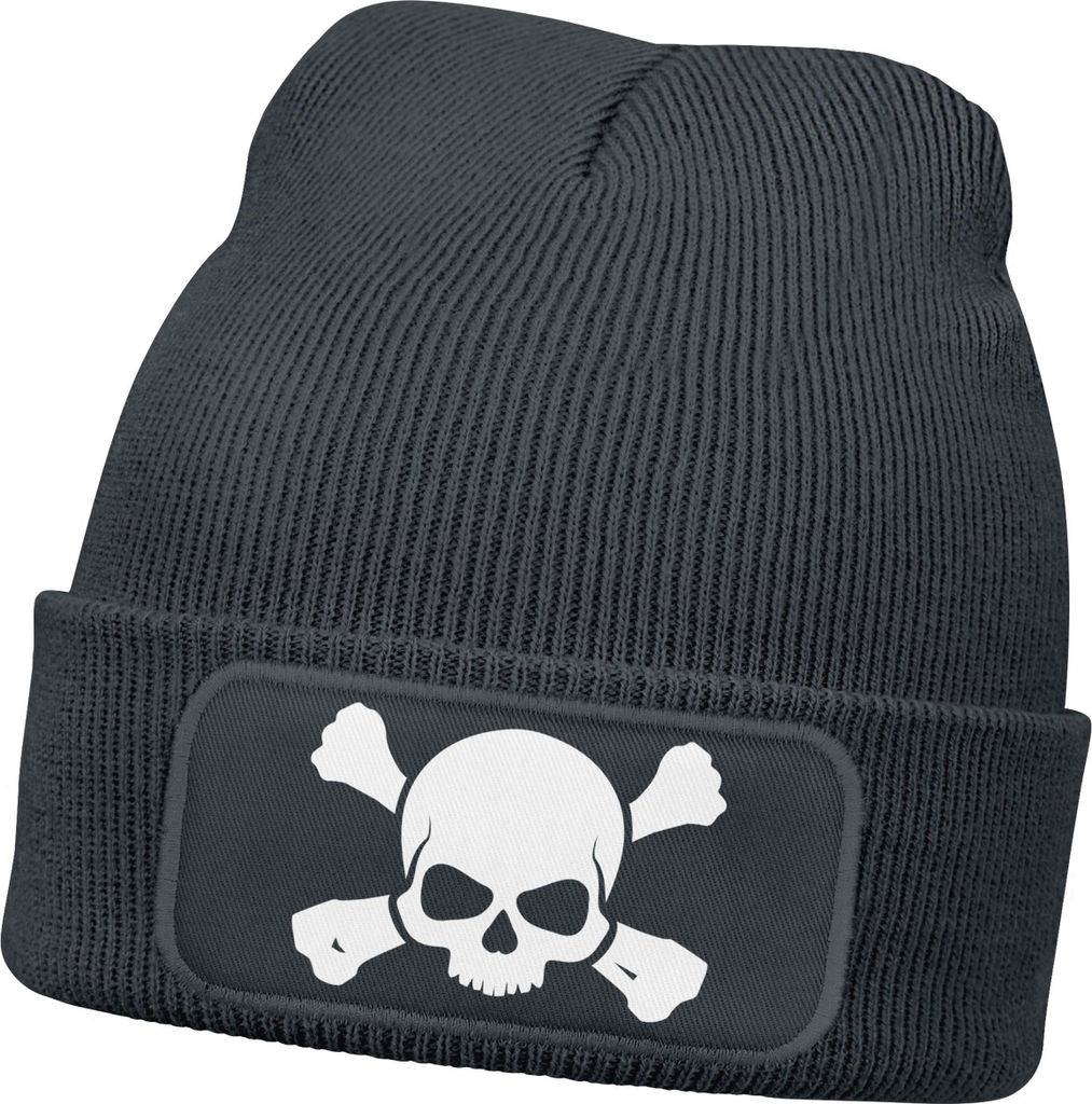 Herren Beanie mit Patch Skull Strickmütze Totenkopf Aufdruck Lustig Mütze Männer Moonworks