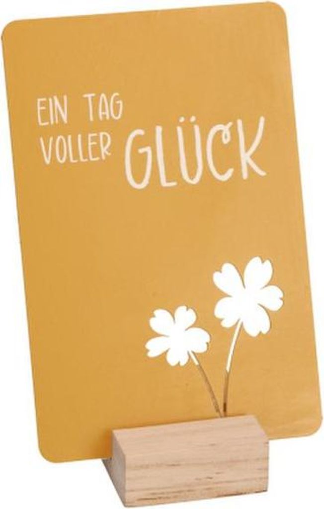 Hellorange-matte Metalltafel 8x12 cm mit Eichenholz, Blumen-Motiv und Spruch 'Ein Tag voller Glück'