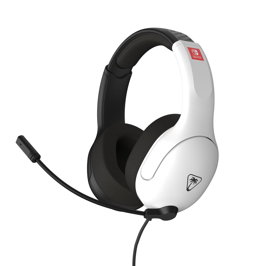 A white and black gaming headset with a microphone.