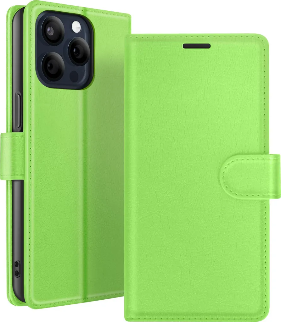 Zanaé, custodia a portafoglio per iPhone 15 Pro con patta magnetica, verde