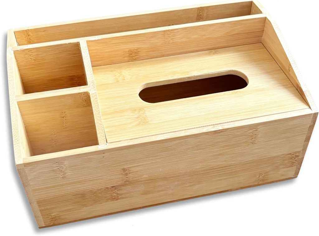 Multifunktionale Box aus natürlichem Bambus mit 4 Fächern – Schreibtisch-Organizer für Schrein, Gewürze, Taschentücher