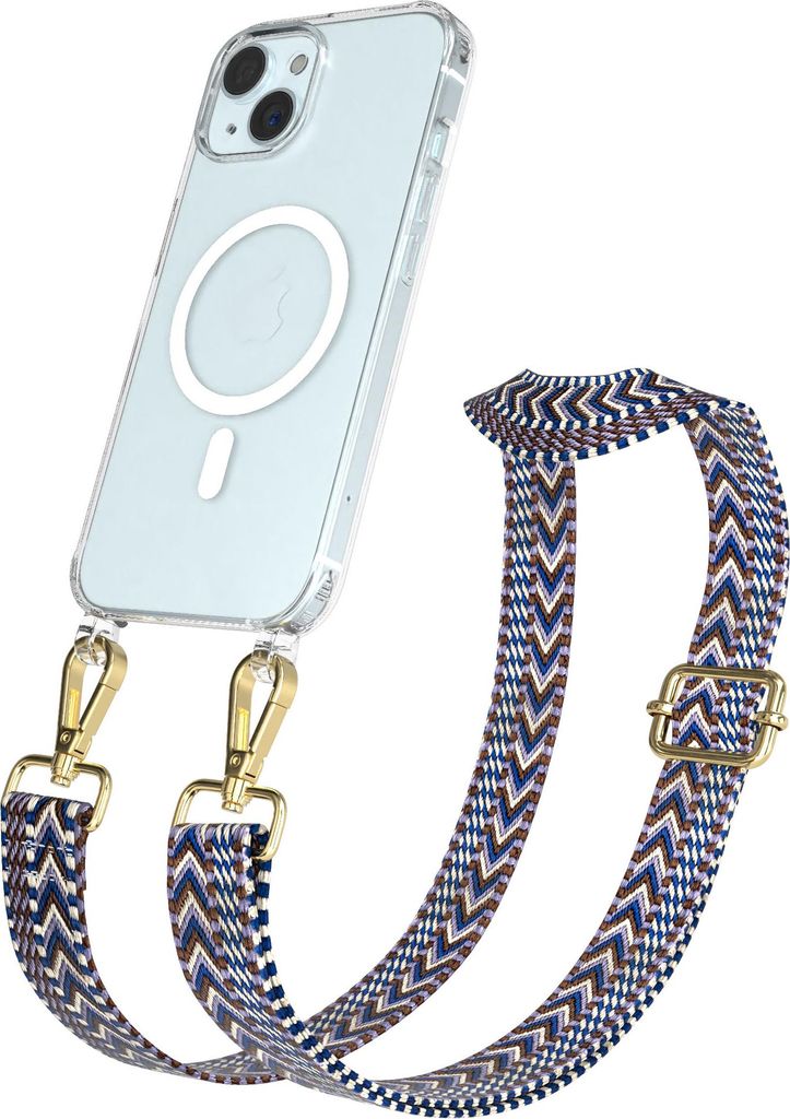 EAZY CASE - Handykette mit MagSafe Hülle für Apple iPhone 15, Handyband ZigZag Style,Karabiner Gold, Umhängeband in Blau