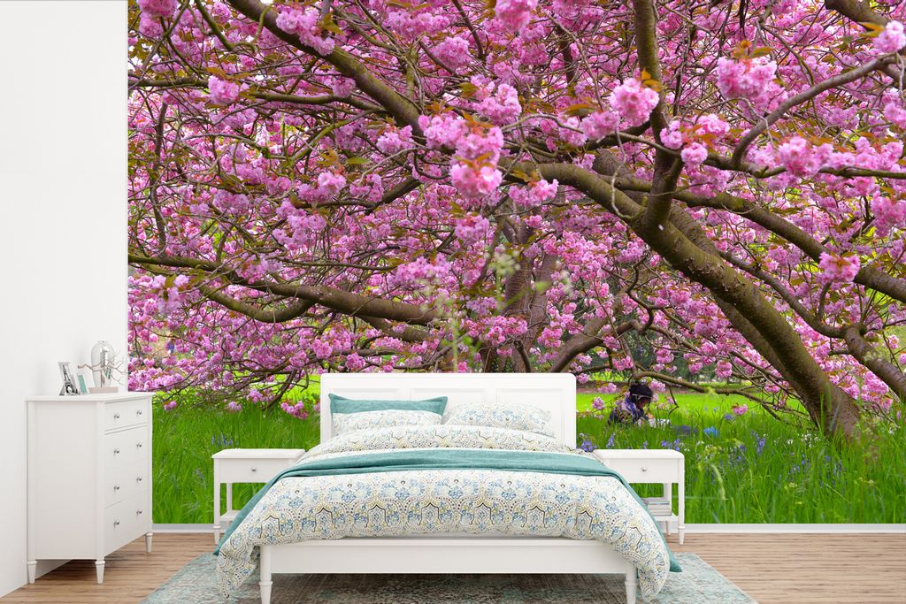 MuchoWow Fototapete für Wohnzimmer oder Schlafzimmer Wandtapete Vinyl Motivtapete Kirschbaum - Blüte - Rosa - 450x300 cm - Gemusterte