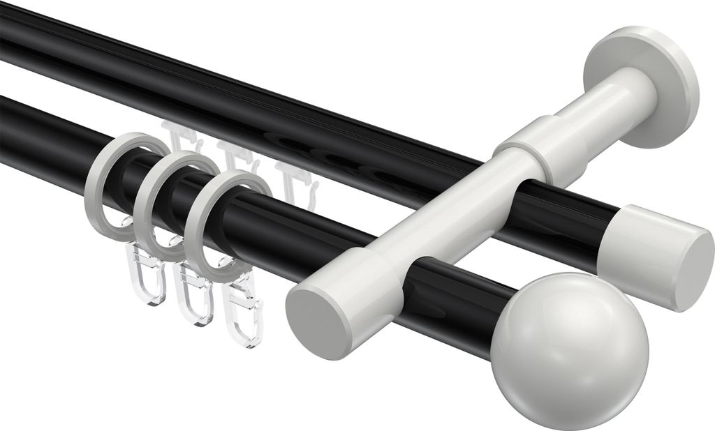Interdeco Rundrohr-Innenlaufstange / Gardinenstange (Kombination) Schwarz / Weiß, Typ Prestige Luino (Kugel), 20 mm Ø 2-läufig, 240 cm