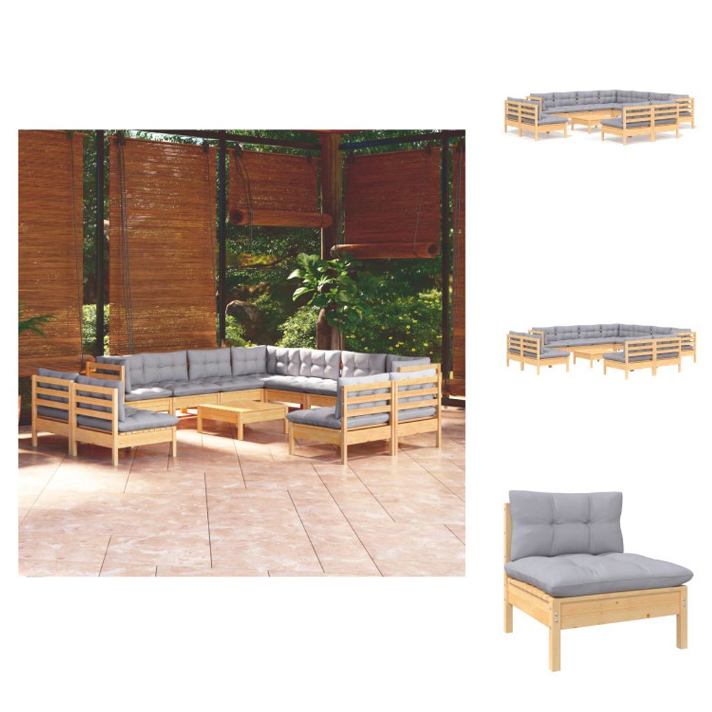 vidaXL 12-tlg. Garten-Lounge-Set mit Grauen Kissen Massivholz Kiefer - Gartenmöbel-Sets