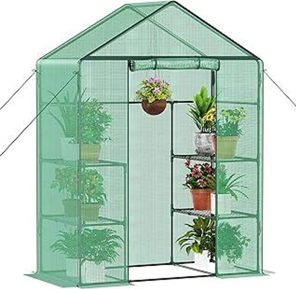Serra in plastica Ribelli, serra con porta avvolgibile, serra per pomodori 143x195x73 cm, serra a 4 ripiani, telo in PE resistente all'inverno, casetta da giardino per piante, ortaggi, fiori, verde