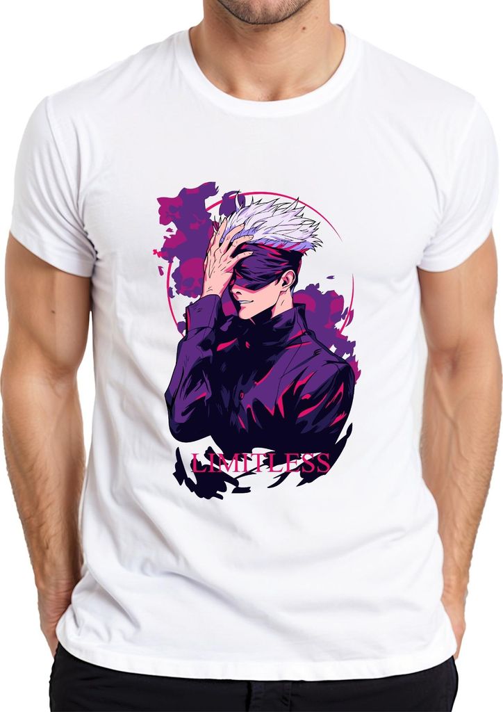 LIMITLESS Anime Augenbinde weißes Haar Manga Fan Geschenk Retro Herren T-Shirt, Weiß, XXL