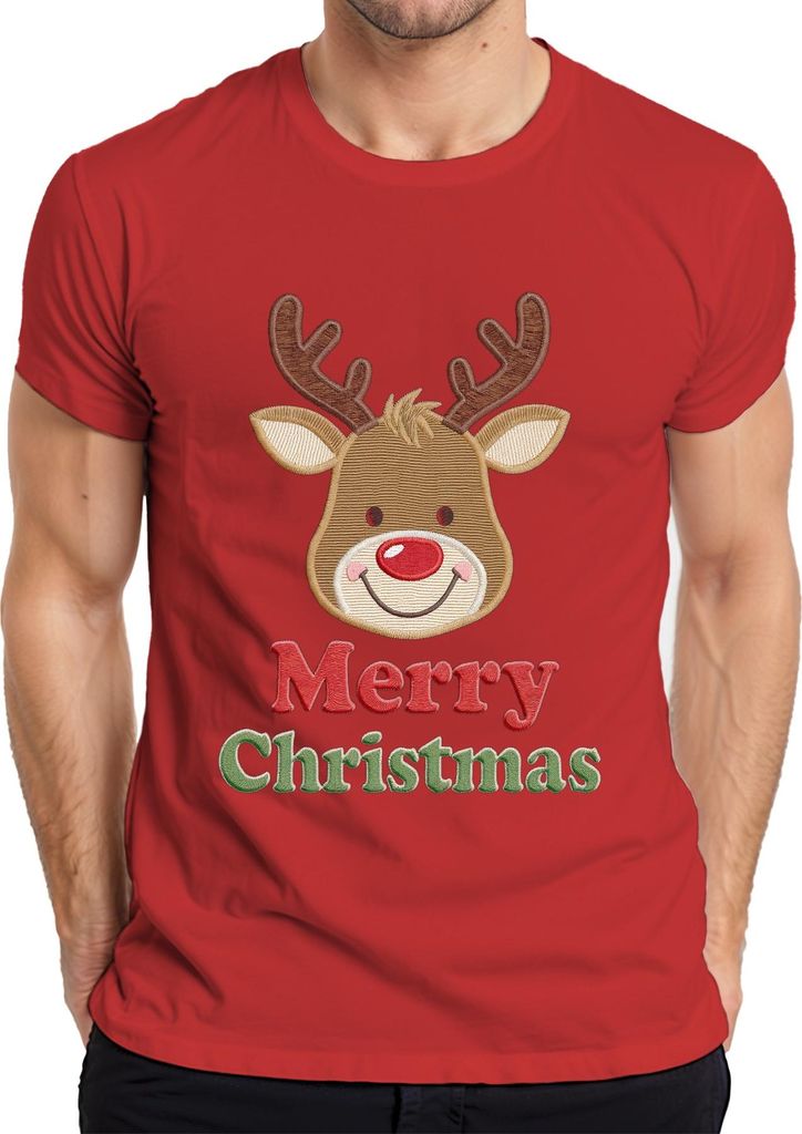 Merry Christmas Rentier Weihnachten Stickerei Bestickt Kinder Herren T-Shirt, Rot, S
