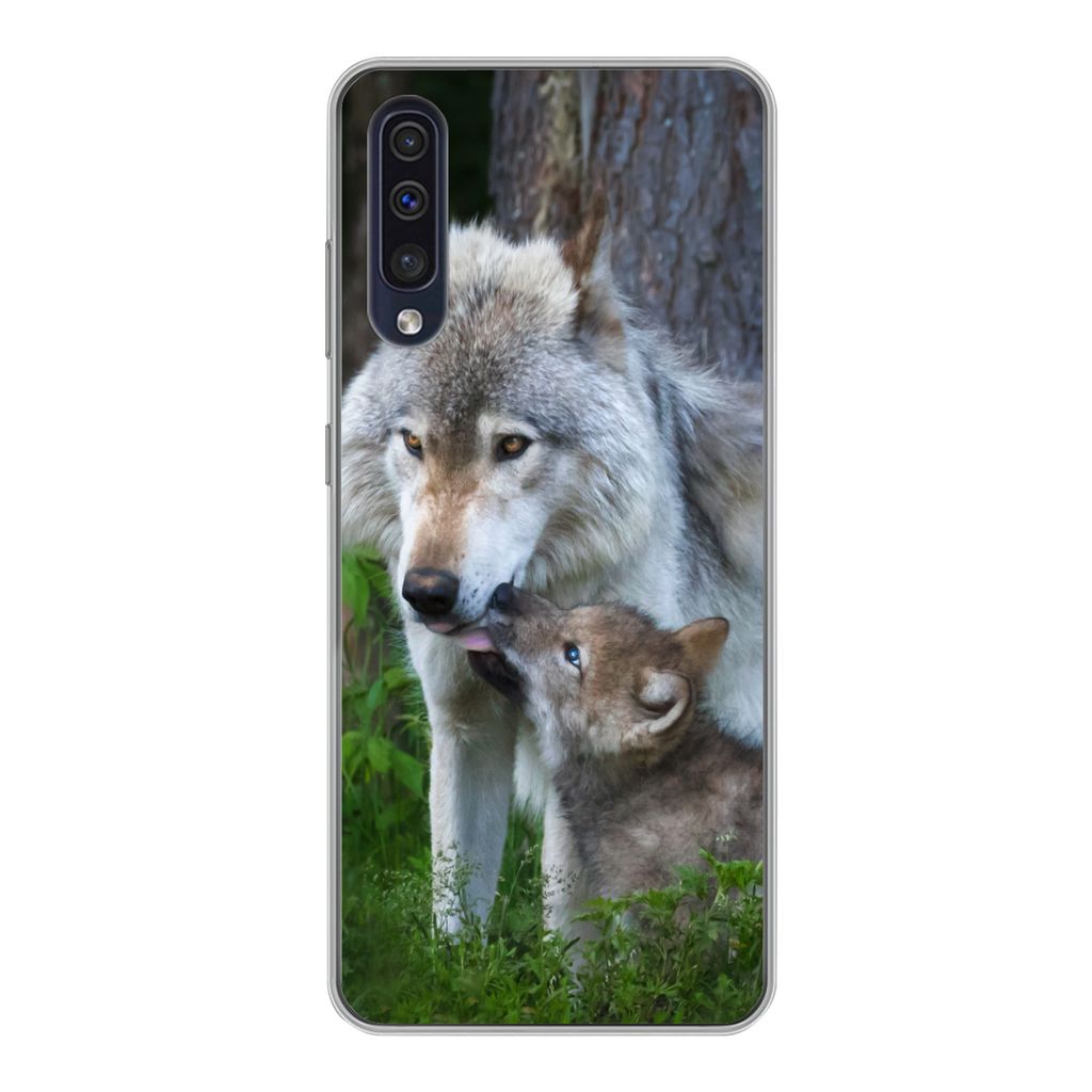 MuchoWow Handyhülle Schutzhülle Hülle für Samsung Galaxy A30s Wolf - Moos - Wald - Welpe Silikon Softcase Handy Hülle - Karteninhaber
