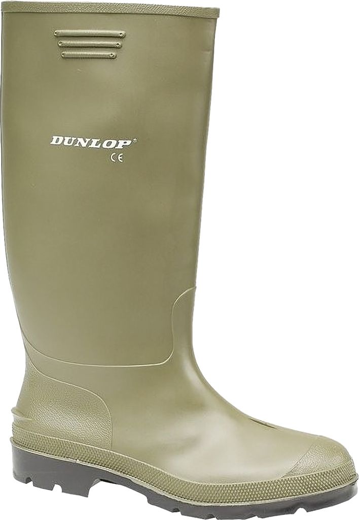 A single green Dunlop boot is shown against a white background.