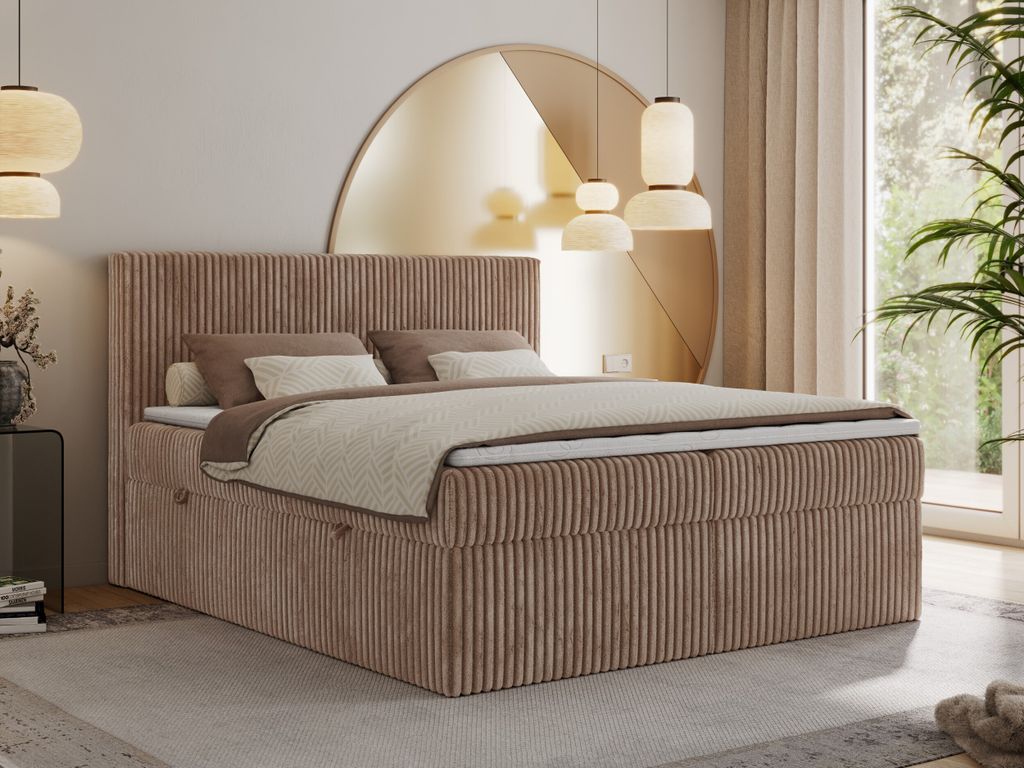 MKS MEBLE Boxspringbett 200x200 Braun Cord, Boxspringbett mit Matratze H4, Bett 200x200 mit Bettkasten and Kopfteil, Doppelbett mit Stauraum, Polst...