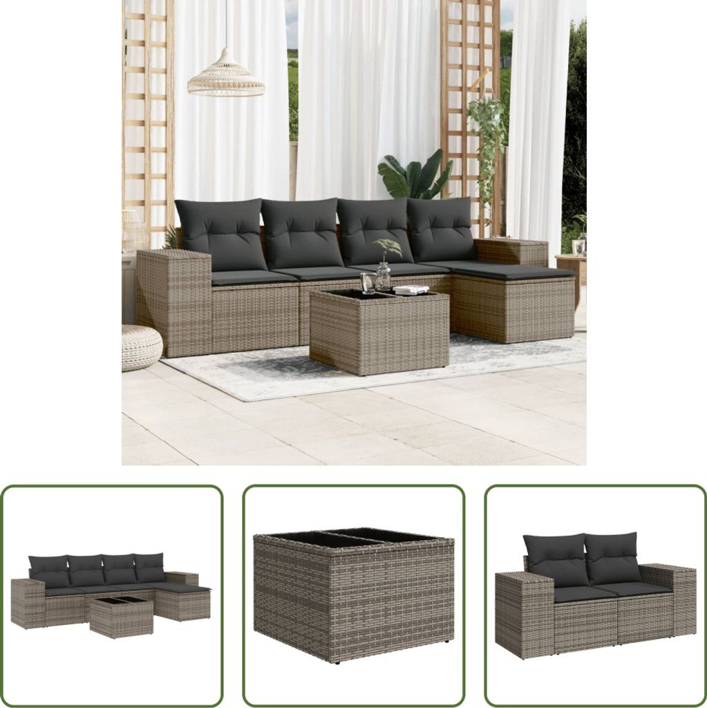 The Living Store 6-tlg. Garten-Sofagarnitur mit Kissen Grau Poly Rattan