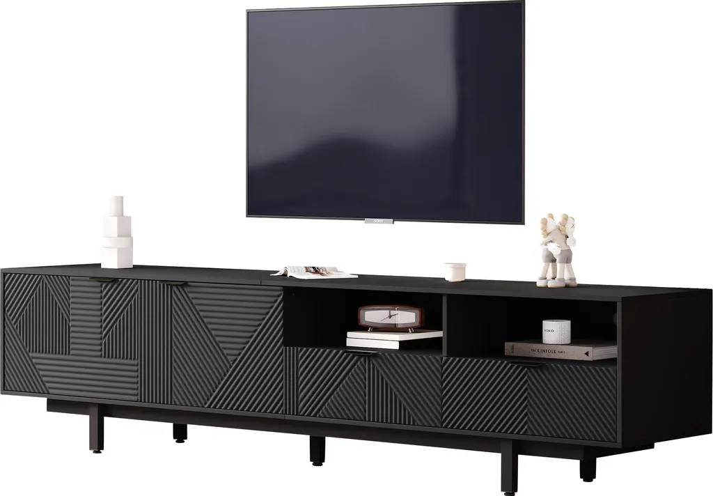 Meuble TV noir 200cm avec 2 tiroirs et 2 portes, pieds en métal Loft