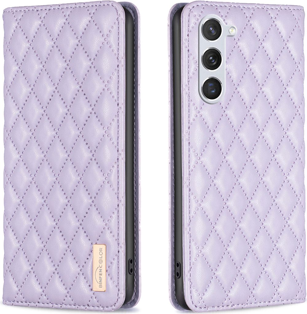 A purple quilted phone case for a Samsung Galaxy S23 is shown from two angles: closed and open.