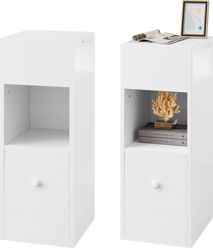 Nachttisch - Nachtschrank - 2er Set - Schmal 25 x 66 x 30 cm - 1 Schublade + Offene Fächer - 15 mm Melaminbeschichtet - Zum Selbstaufbau - Weiß