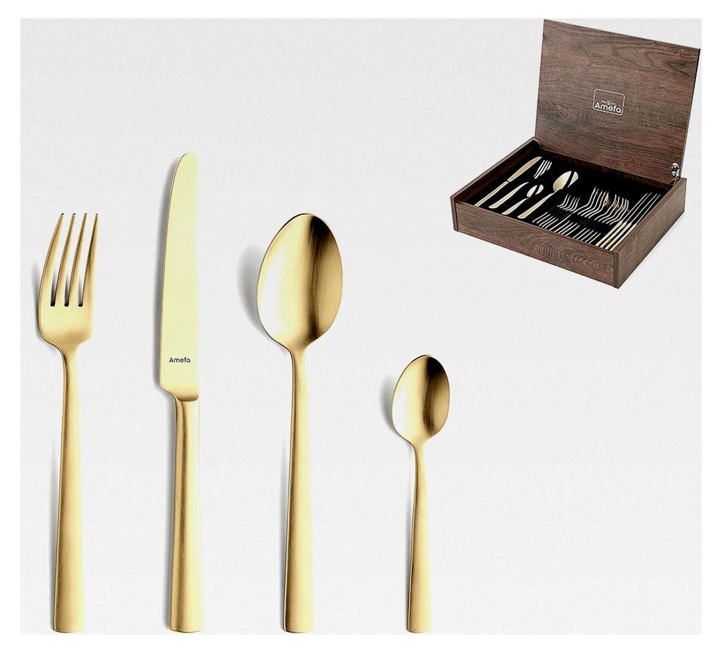 Besteckset für 6 Personen in Gold, 24-teiliges Set aus Edelstahl 18/10, PVD-beschichtet, mattiertes, geradliniges goldenes Essbesteck mit hochwert...