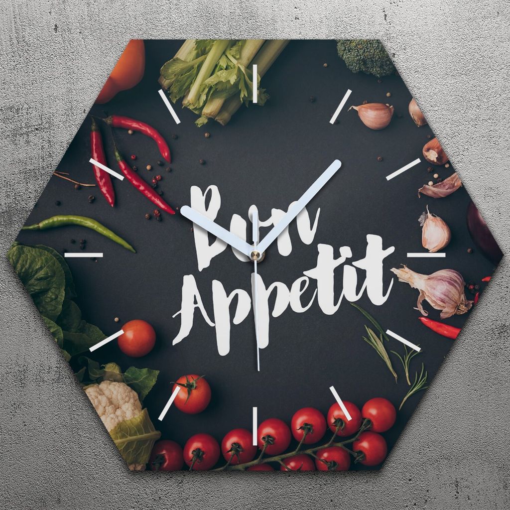 Uhr hexagonal 40 cm Glas Geräuschlos weiße Zeiger - Bon appetit Inschrift Gemüse
