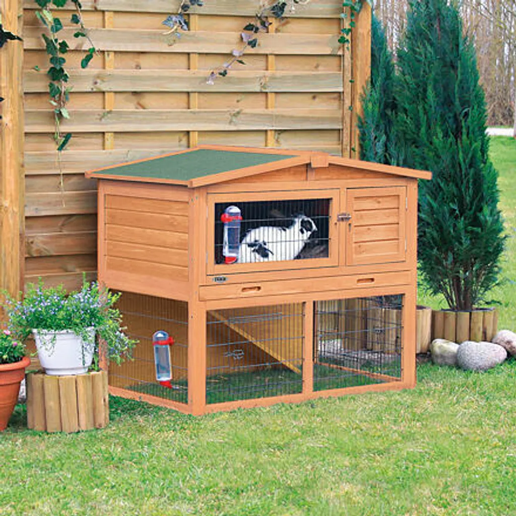 Cage Lapin Extérieur avec Parc en Bois Natura Trixie - Abri de Jardin