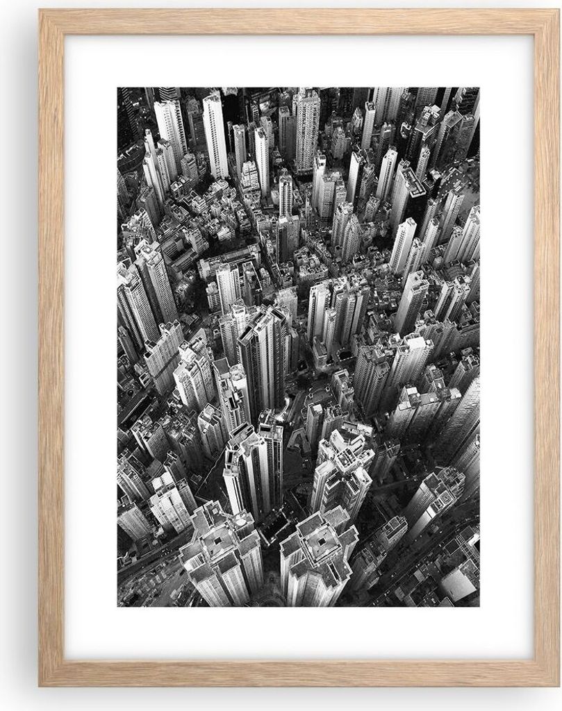 Gerahmtes Poster - Rahmen in heller Eiche - Wolkenkratzer mit Berge - 30x40 cm - Wand Bild - Wanddeko - Wandbilder - Kunstposter - Wandposter - Bil...