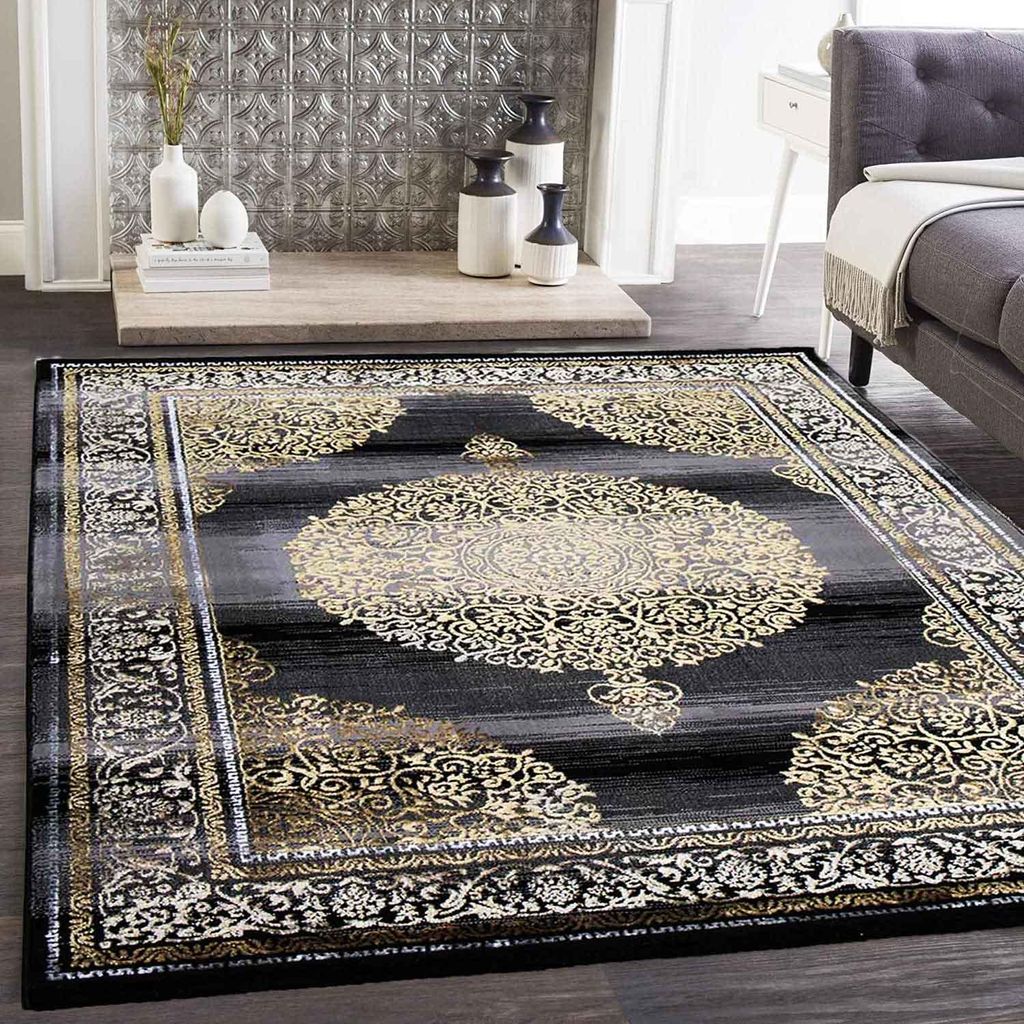 Teppich kurzflor Moderner Orientteppich Elegant Orientalisch Glanz Grau Gold Schwarz, für Wohnzimmer, Schlafzimmer, Maße:120x170 cm