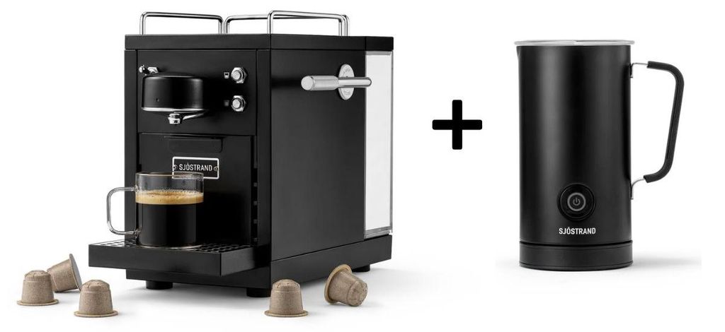 Sjöstrand Set Kapsel-Kaffeemaschine + Milchaufschäumer , Farbe:Schwarz