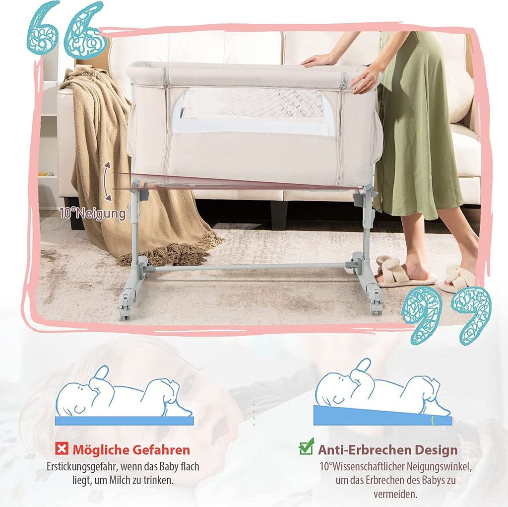 COSTWAY 3 in 1 Beistellbett & Babywiege & Reisebett, Produktbild 4