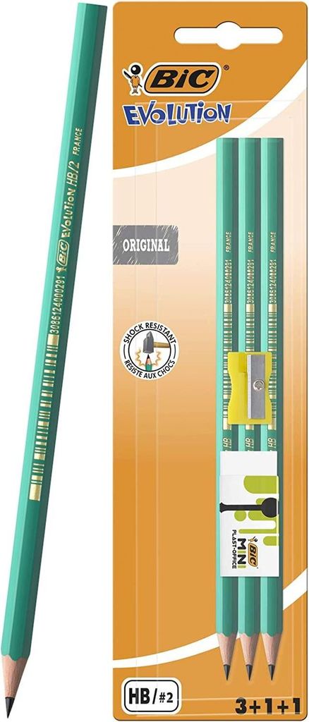 BIC Evolution 650 Holzbleistift-Set, 3 Stck mit Radiergummi und Spitzer, Blister 942081