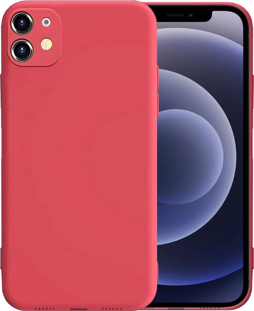 A red iPhone 11 case is shown next to the phone it is designed for.