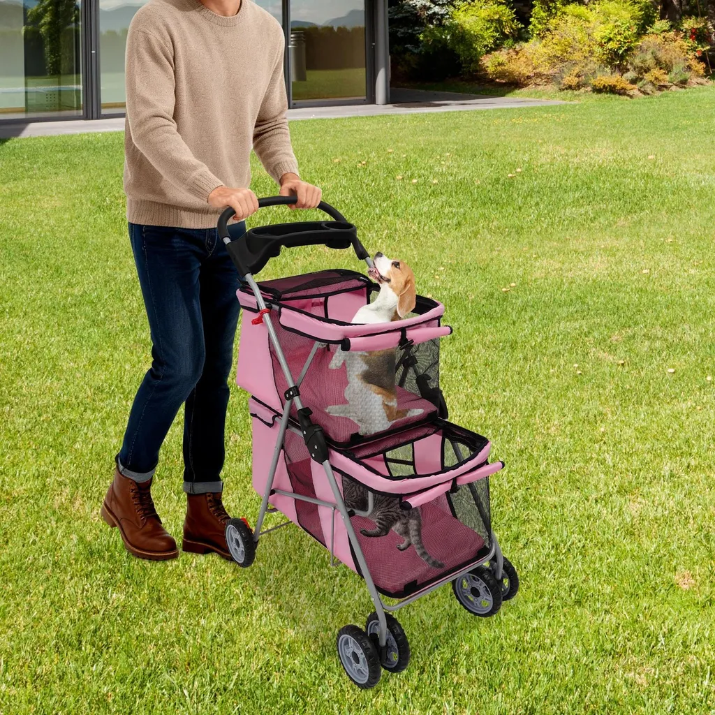 Poussette Double pour Chien et Chat Rose - Pliable et Robuste 20kg Max