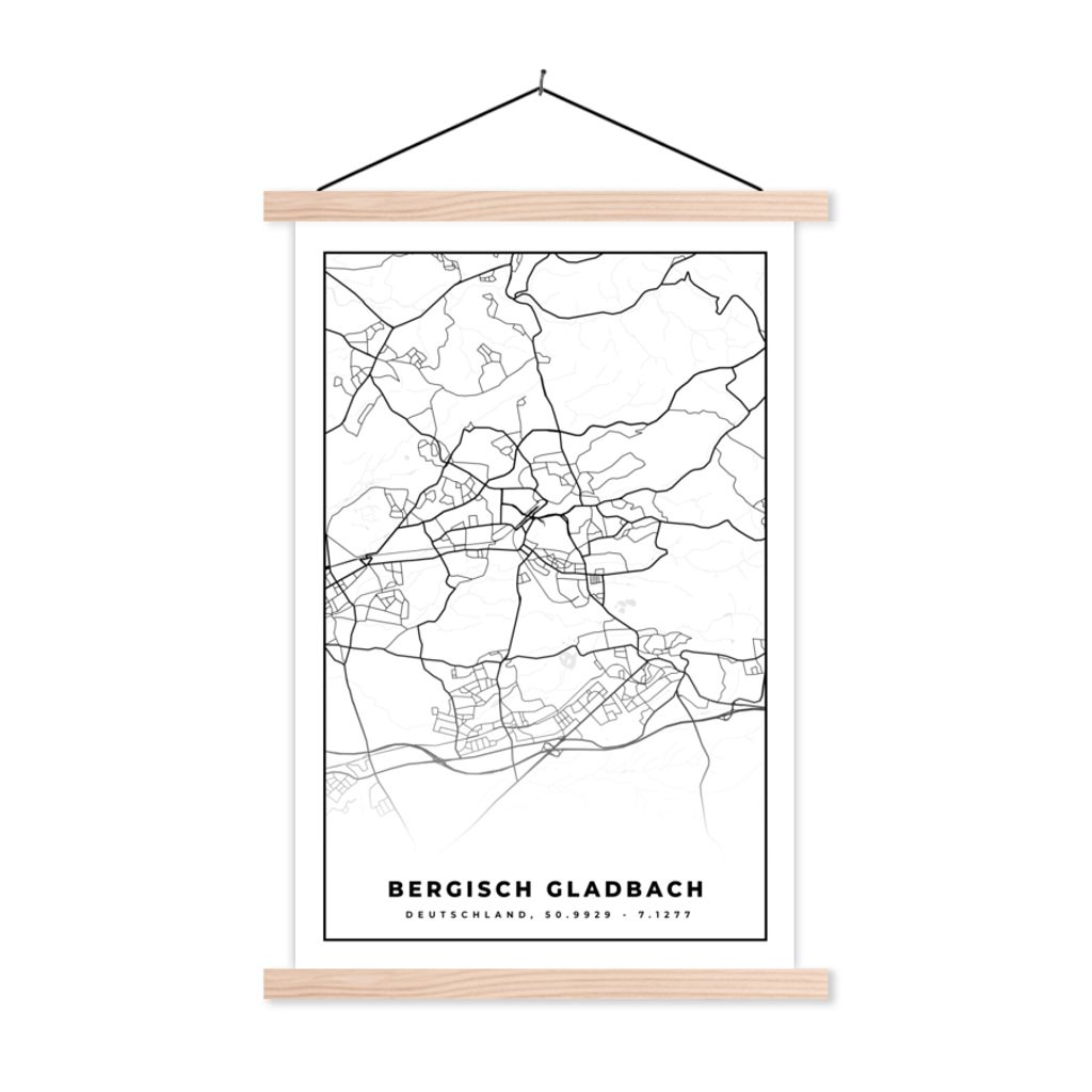 MuchoWow Textilposter Karte - Bergisch Gladbach - Stadtplan - Wegbeschreibung 120x180 cm mit holzfarbenen Rahmen - Textil-Plakat