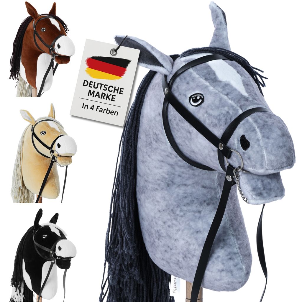 Hoofly Hobby Horse Grau (Schimmel) - Großes Steckenpferd für Kinder A3 mit Schraubstab / Hobby Horse Pferde Set mit Trense