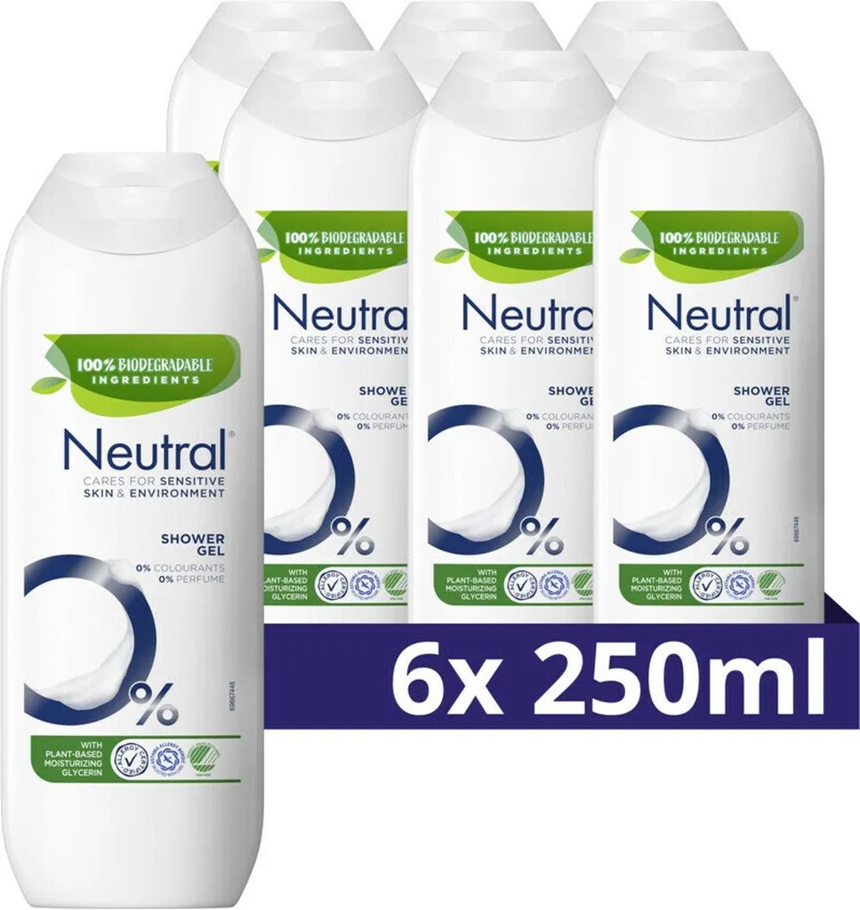 6 gels douche neutres 250 ml - Anti-tiraillements pour peaux sensibles
