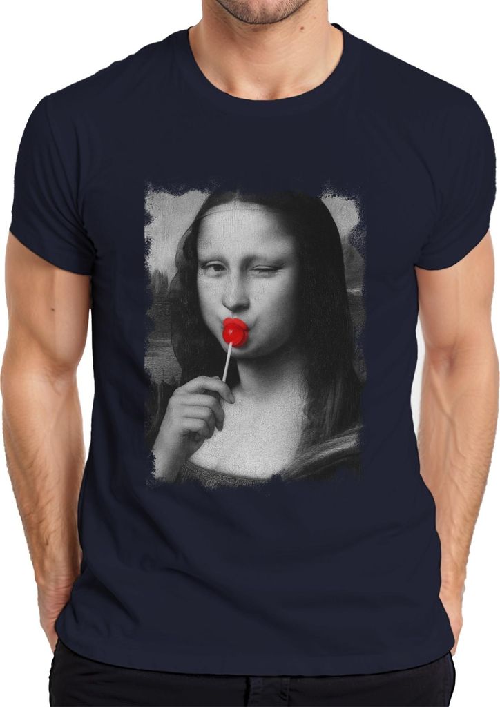 Mona Lisa Lutscher Pop Art Renaissance Parodie Retro Vintage Cool Herren T-Shirt, Navy, XL