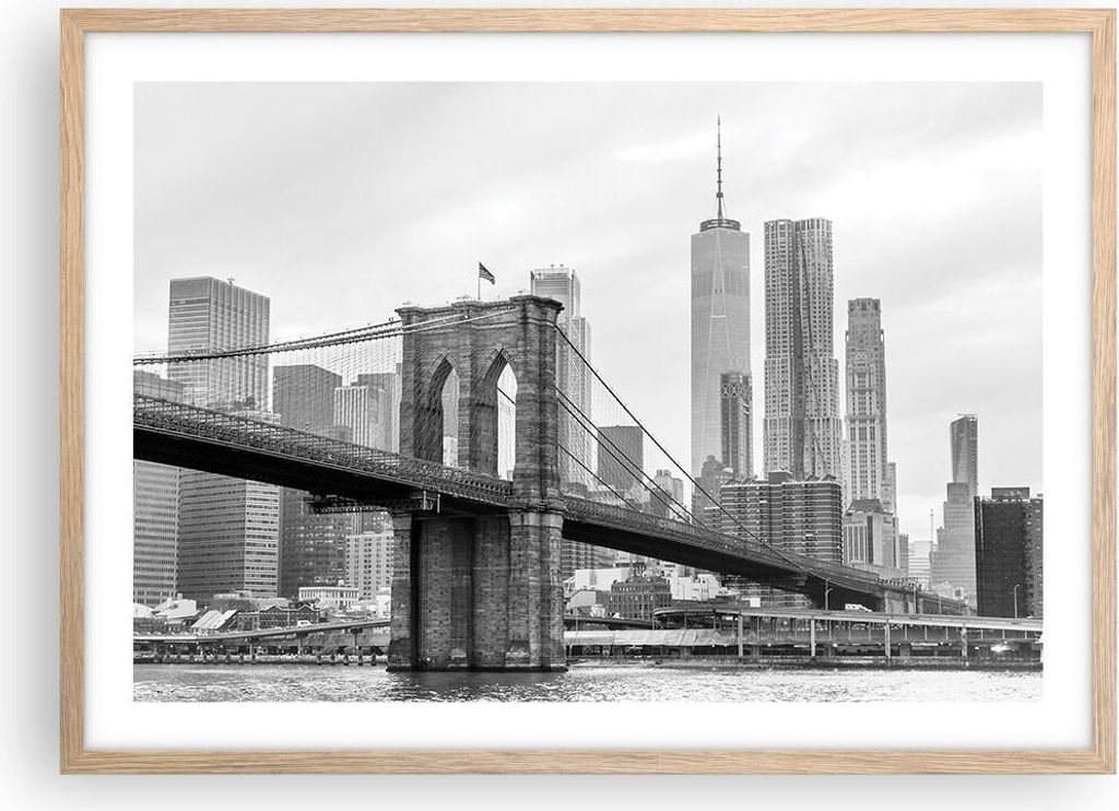 Gerahmtes Poster - Rahmen in heller Eiche - Brücke Brooklyn schwarz und weiß - 70x50 cm - Wand Bild - Wanddeko - Wandbilder - Wandposter - Bilder...