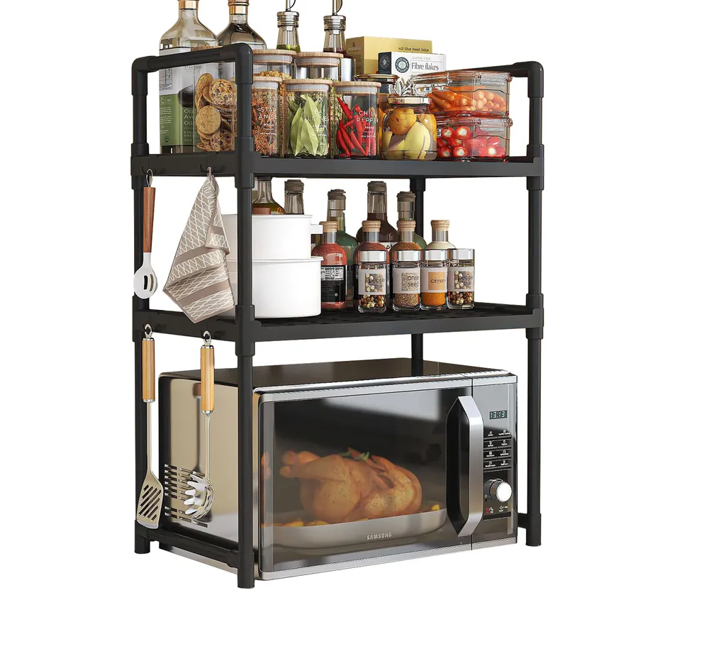Meuble de Rangement Cuisine 3 Étages pour Micro-Ondes et Accessoires Noir