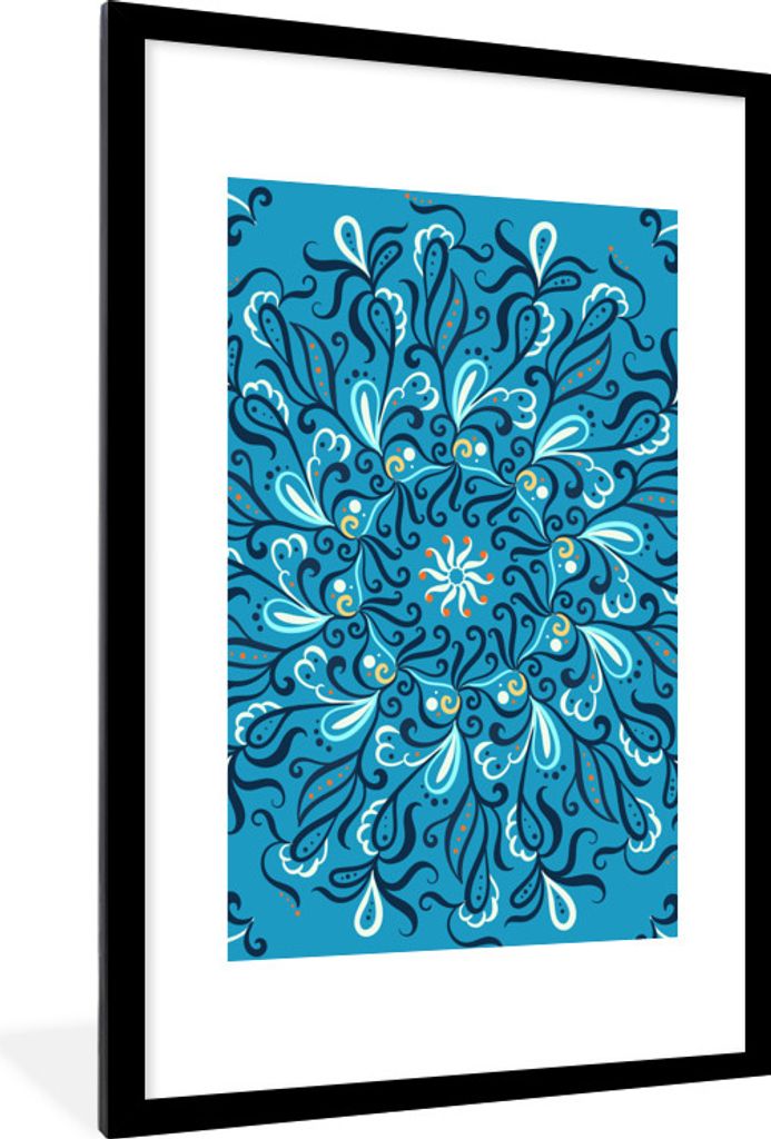 MuchoWow MuchoWow Gerahmtes Poster Mandala - Weiß - Blau 60x90 cm - Poster mit zchwarzem Bilderrahmen - Dekoration - Wandposter Wohnzimmer - H...