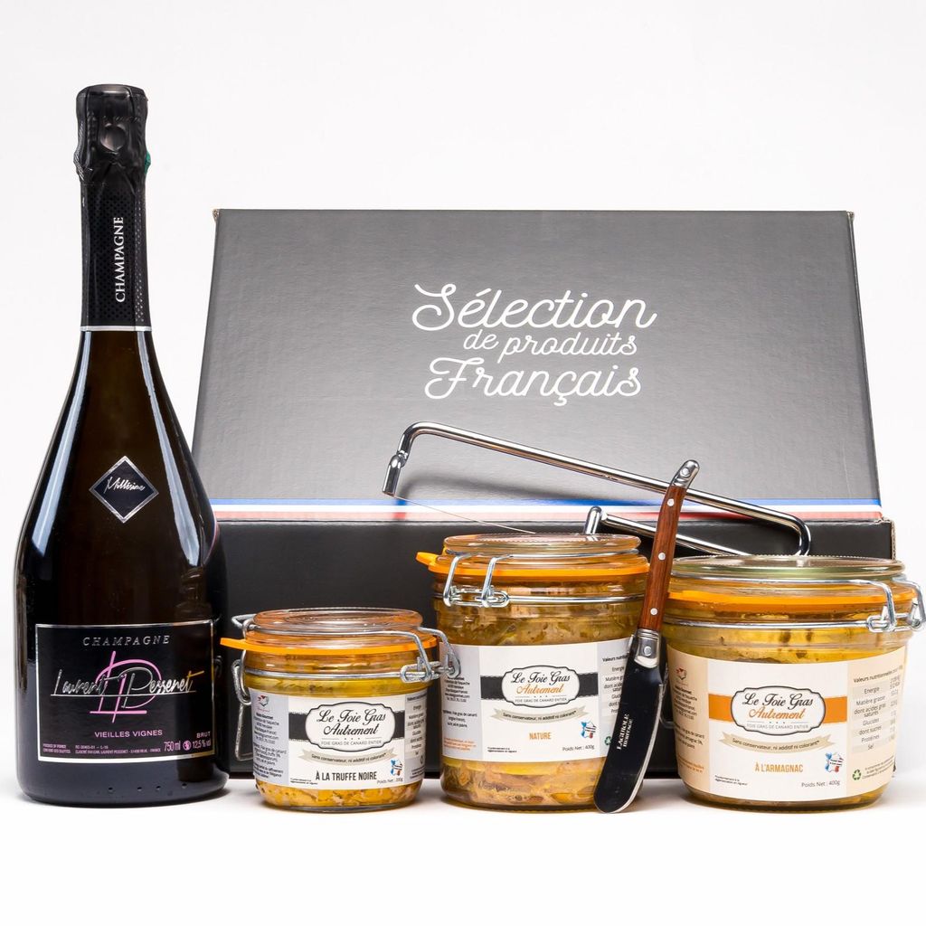 Iparla Geschenkbox – Foie Gras Nature, Armagnac & Schwarzer Trüffel + Champagner, Lyra & Messer | Premium Relais Gourmet
