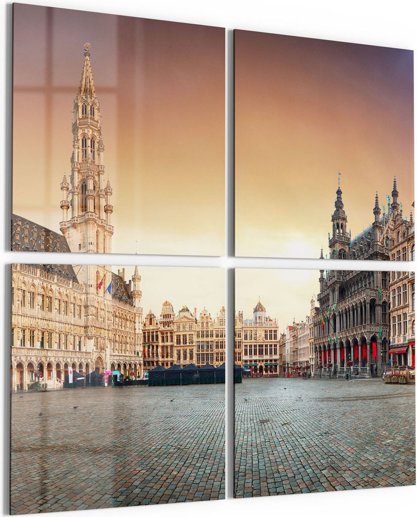 DEQORI Glasbild Echtglas 4x50x50 cm 'Grand Place am Morgen' Wandbilder XXL groß